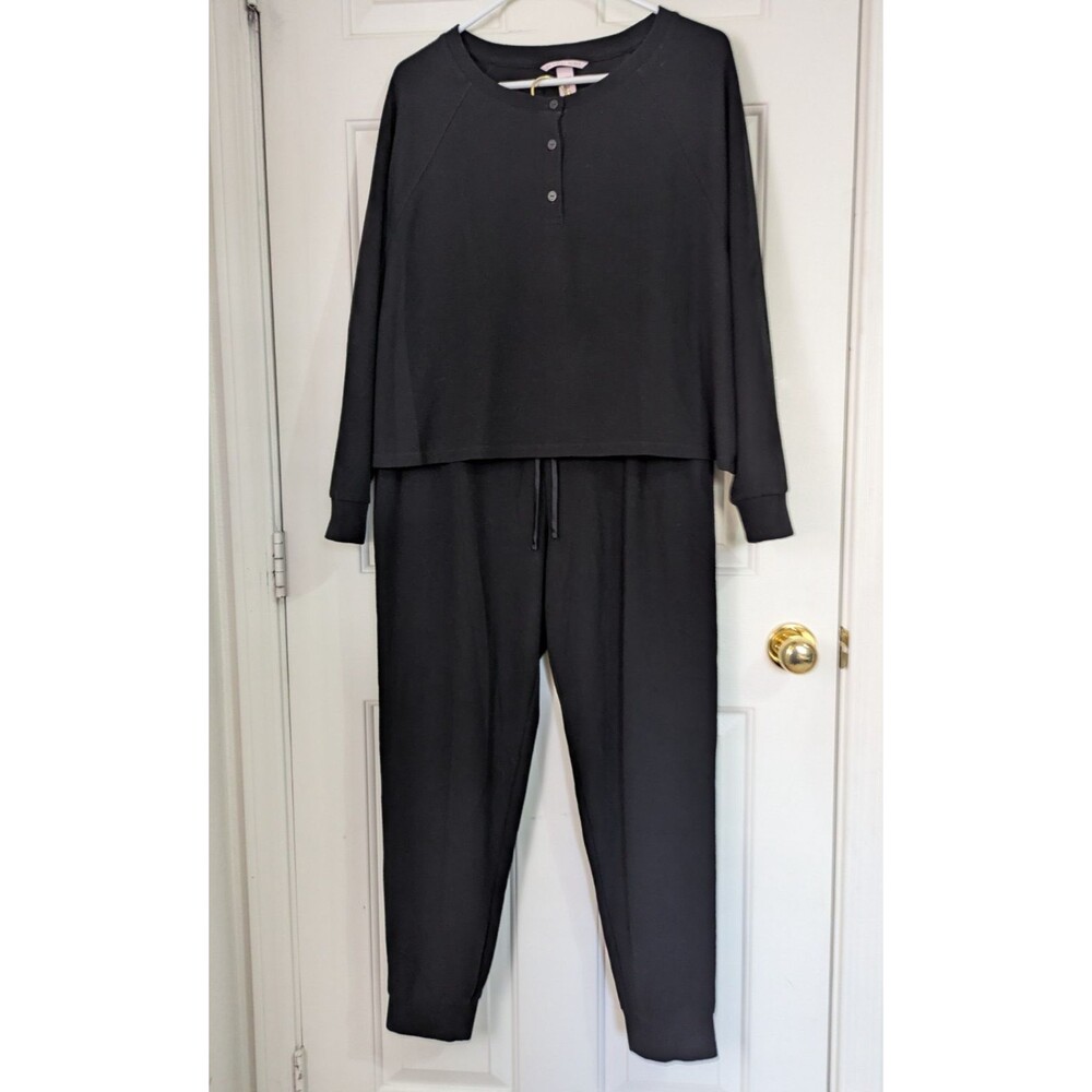 Victorias Secret Thermal Pajamas Sleepwear Set Large Black Loungewear Crop Top